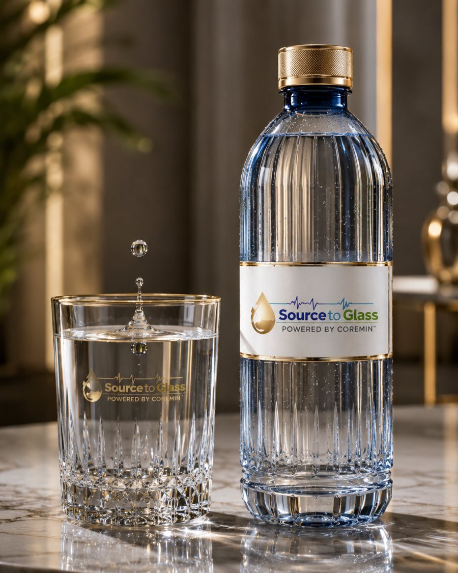 A ribbed blue glass Source to Glass bottle with a gold cap, beside a filled crystal tumbler carrying the same mark.
