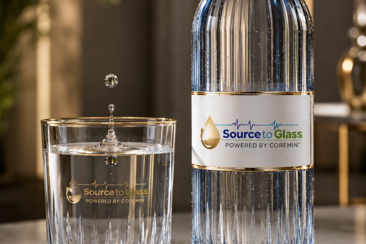 The Source to Glass bottle and glass in service on a marble table.