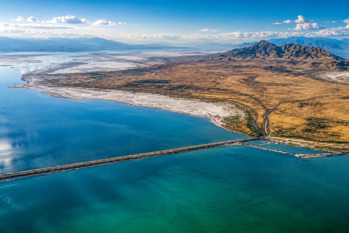 The Great Salt Lake from the air: deep blue and turquoise water meeting white salt flats and golden hills.